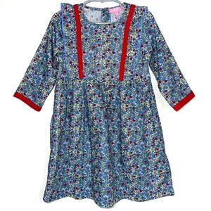 Bisby Girls Blue Red Floral Ruffle Porto Long Sleeve Dress Size 4